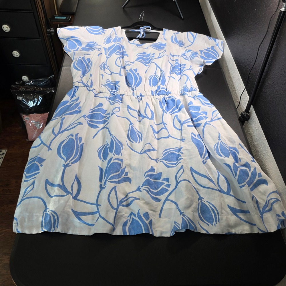Lane Bryant Blue Floral Linen Blend Flutter Sleeve Midi Dress Pockets Size 28